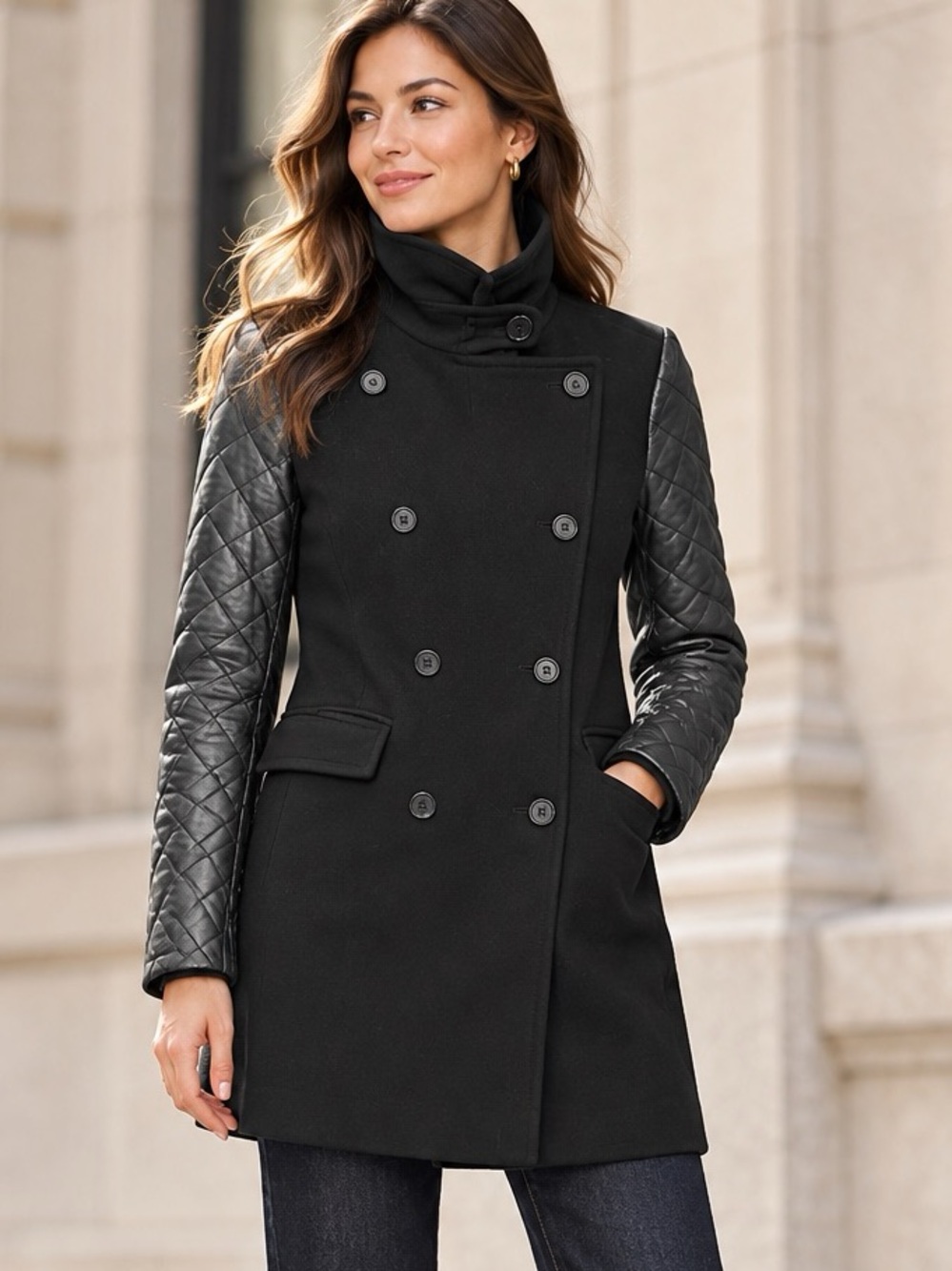 Club Monaco Black Italian Wool Quilted Lamb Leather Coat Small